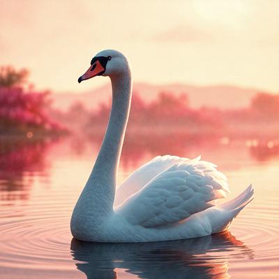 The primary subject of the image is a white swan floating on a body of water. The swan is the main focus of the image, and it appears to be the center of attention. The setting is a serene body of water, with a beautiful sunset in the background. The visual style of the image is a combination of photo and digital art, creating a stunning and realistic representation of the swan. The colors and mood of the image are predominantly warm and soothing, with the sunset casting a warm glow over the scene.